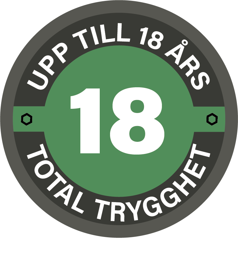 Symbol med texten Upp till 18 års total trygghet.