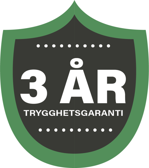 Sköldsymbol med texten 3 år trygghetsgaranti.